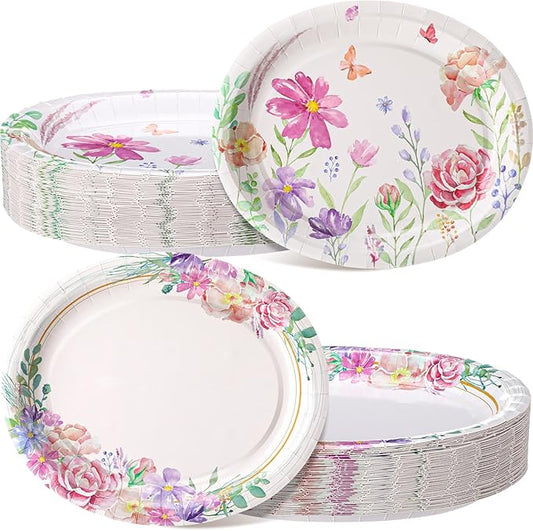 Havawish 100 Pcs Spring Floral Oval Paper Plates, 10" x 12" Disposable Dinner Serving Platters Large Heavy Duty Paper Plates for Mothers Day Party Supplies, Wedding, Bridal, Baby Showers, Birthday