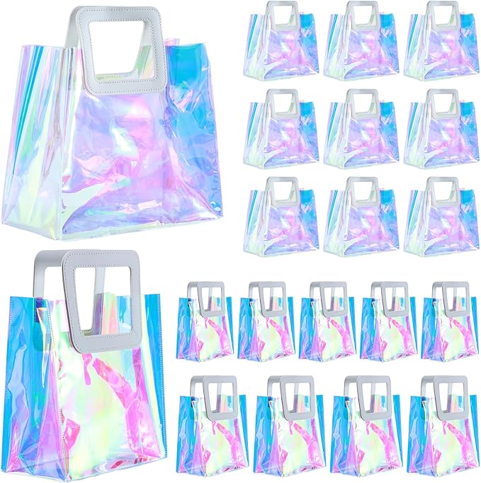 20 Pcs Reusable Holographic Gift Bags with Handle 8.3x8x4/11x9.8x5.7 Inch Iridescent Bachelorette Party Favor Bags Clear Tote Goodie Bags for Shopping Picnics Baby Showers Weddings(10 pcs each size)