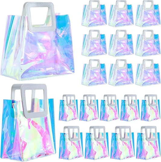 20 Pcs Reusable Holographic Gift Bags with Handle 8.3x8x4/11x9.8x5.7 Inch Iridescent Bachelorette Party Favor Bags Clear Tote Goodie Bags for Shopping Picnics Baby Showers Weddings(10 pcs each size)