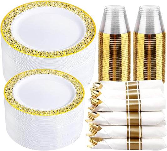 WELLIFE 100 Guests Dinnerware Sets, Gold Plastic Plates, Platos Para Fiestas Elegantes Desechables Include:100 Dinner Plates,100 Dessert Plate,400 Pcs Gold Plastic Silverware, 100 Cups for Party