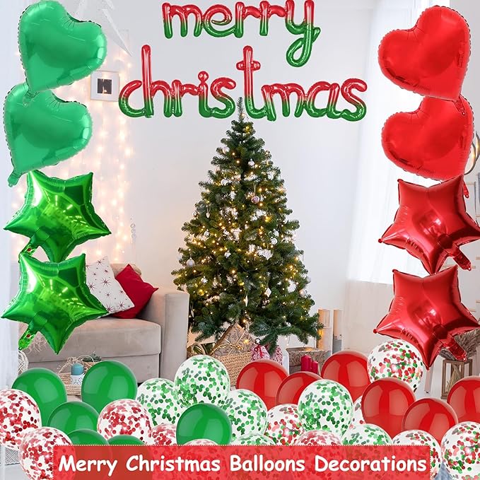 Merry Christmas Balloons Party Decorations - 41pcs Marry Christmas Banner Balloons Kit for Office Arch Decoration, Xmas Sign Banners Party Decor Photo Props, 12in Red and Green & 18in Foil Balloon