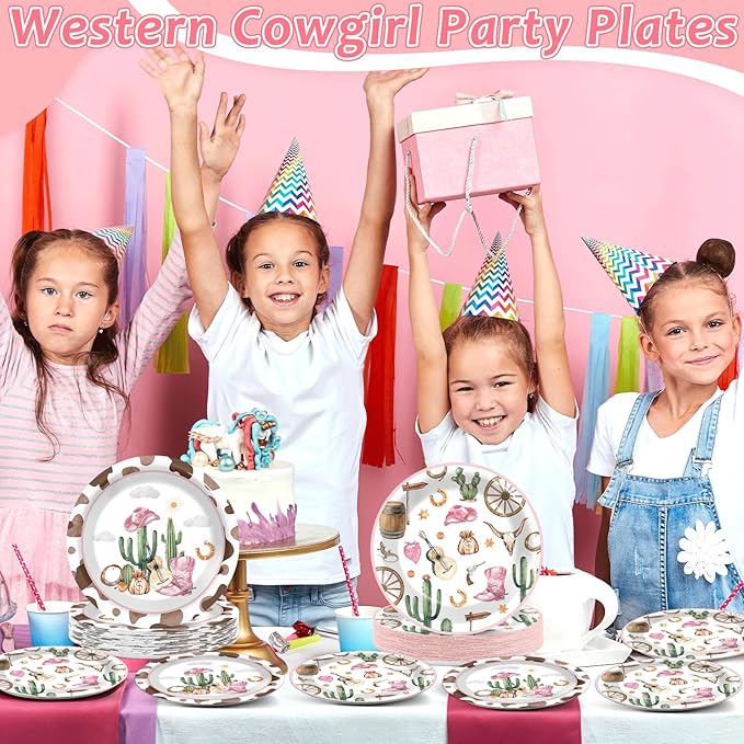 Naozinebi 50pcs Western Cowgirl Party Paper Plates Cowgirl Party Decorations for Girls Pink Western Theme Dessert Plates Wild West Cow Print Tableware Decor for Baby Shower Rodeo Birthday Serves 50
