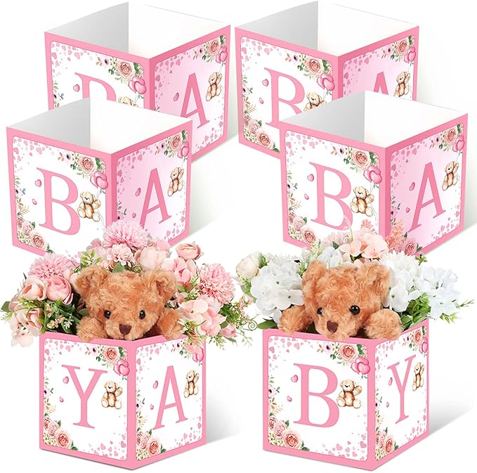 Bucherry 6 Pcs Baby Shower Centerpieces with Letters, 7" Baby Blocks Flower Boxes for Table Decorations, Gender Reveal Party Supplies & Photo Props(Pink,Pink Bear)