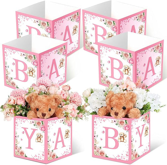 Bucherry 6 Pcs Baby Shower Centerpieces with Letters, 7" Baby Blocks Flower Boxes for Table Decorations, Gender Reveal Party Supplies & Photo Props(Pink,Pink Bear)