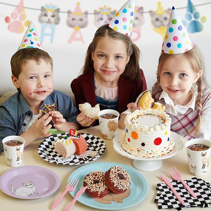 144Pcs Cat Birthday Party Supplies Decorations Cat Themed Paper Plates Napkins Vintage Party Tableware Disposable Pet Dinnerware Set for Kids Birthday Baby Shower Table Decor, Serve 24