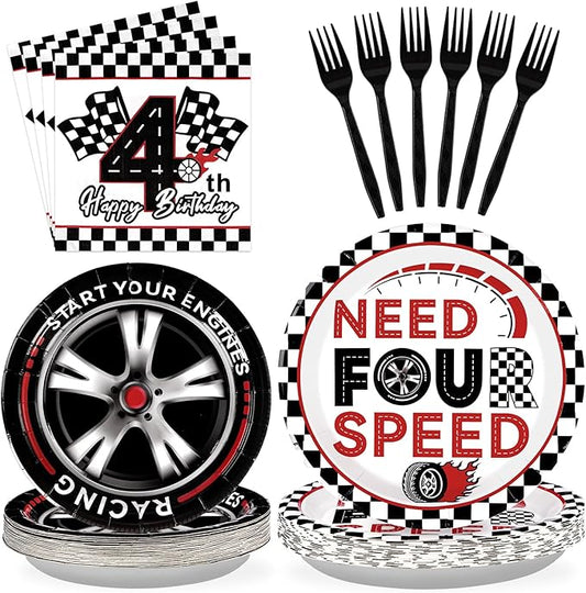 96 Pcs Need Four Speed Birthday Decorations Disposable Race Car Themed 4th Party Plates and Napkins Checkered Flag Tableware Set for Kids Boys Racing Car 4 Year Old Birthday Party Supplies Serves 24