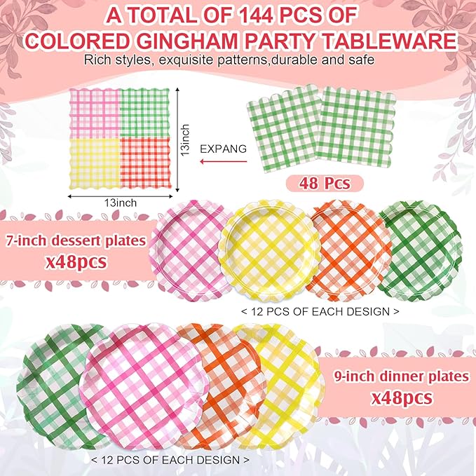 144 Pcs 48 Guests Gingham Party Plates and Napkins Colorful Gingham Paper Plates Napkins Checkered Plaid Disposable Tableware for Picnic BBQ Bachelorette Baby Bridal Shower Tea Party Supplies
