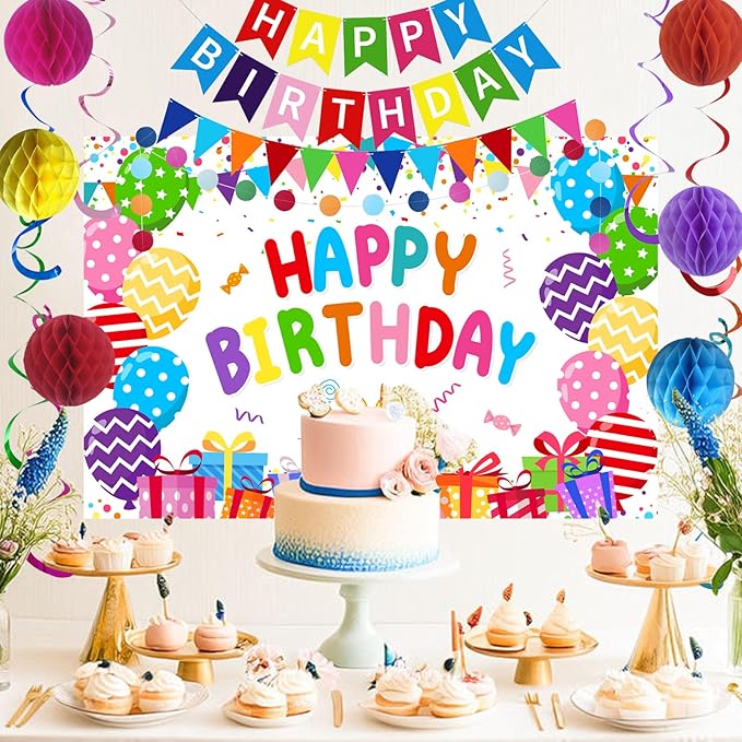 Colorful Happy Birthday Party Decoration Set – Rainbow Banner, Hanging Swirls, Honeycomb Balls, Backdrop & Table Centerpieces for Fun Birthday Celebrations