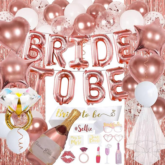 Bachelorette Party Decorations, Rose Gold Bride To Be Decorations with Bride Balloons, Sash, Veil, Tinsel Backdrop for Bridal Shower Decor