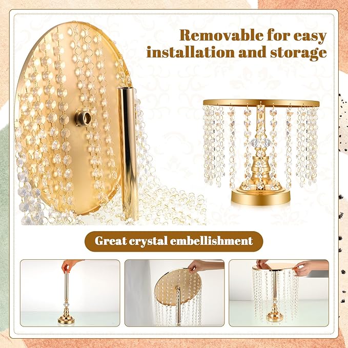 Bokon 6 Pcs Crystal Gold Cake Stand Round Dessert Cupcake Holder Metal Stand Table Cake Pedestal with Crystal Pendant and Wedding Bead Dessert Cupcake Pastry Display Plate for Wedding Birthday Party