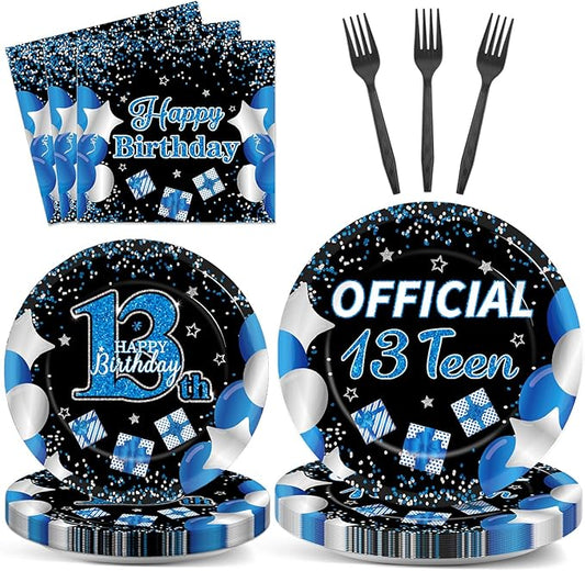 100 Pcs 13th Birthday Decorations for Boys Official Teen 13th Supplies Plates Napkins Forks Set Disposable Blue 13th Birthday Tableware Paper Plates Dinnerware for Kids Teenager Favors Serve 25