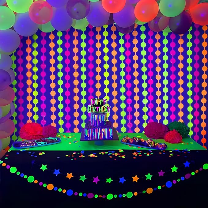 Mega-L Glow In The Dark Party Supplies, 2 Pack Neon Round Party Decorations 3.3 x 6.6 ft Fuchsia, Yellow and Orange Tinsel Foil Fringe Curtains, Photo Booth Prop Backdrop Streamer New Year Party Decor