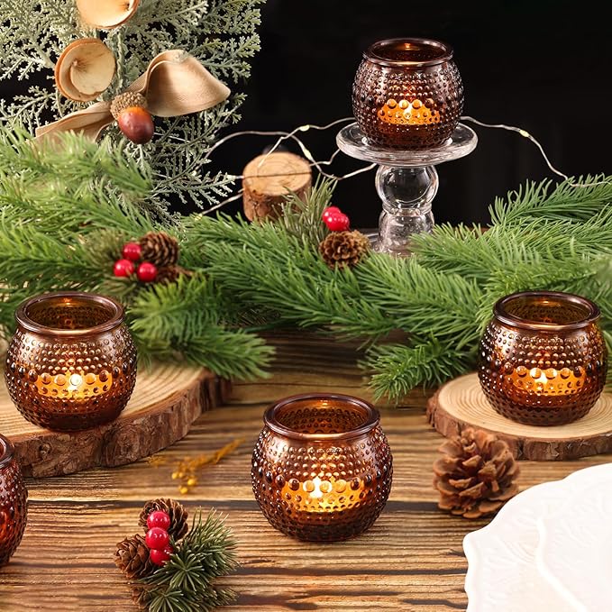 32 Pcs Amber Votive Candle Holders, Round Amber Glass Candle Holder with Polka Dot Embossed, Vintage Votive Candle Holders for Weddings, Home Decor, Baby Shower, Special Occasions