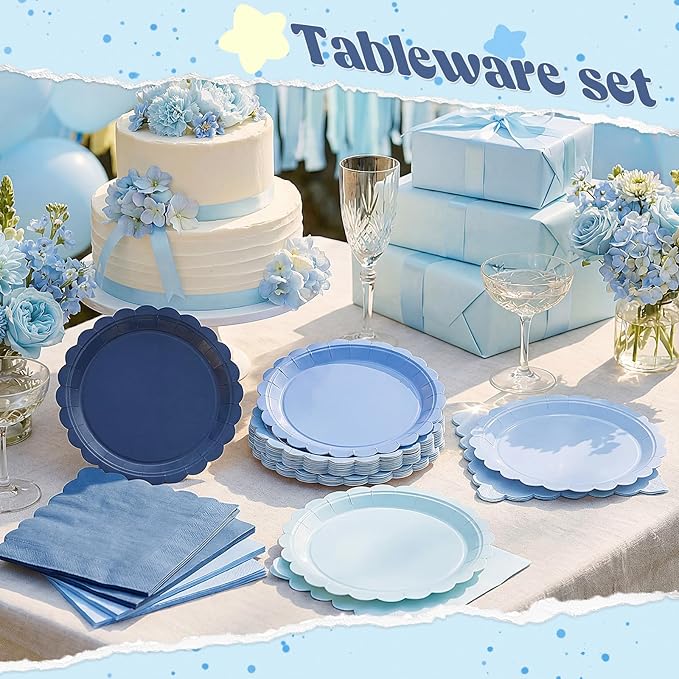 120 Pcs Paper Plates and Napkins Party Supplies Bulk Disposable 7 Inch Scalloped Plates Cocktail Napkins for Wedding Bridal Baby Shower Birthday Decorations, Serve 60(Dusty Blue)