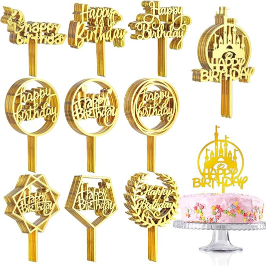 150 Pcs Happy Birthday Cake Toppers Acrylic Cake Topper Glitter Birthday Cake Decorations Double Sided for Adults Various Cake Decoration Party Supplies(Gold,Cute)