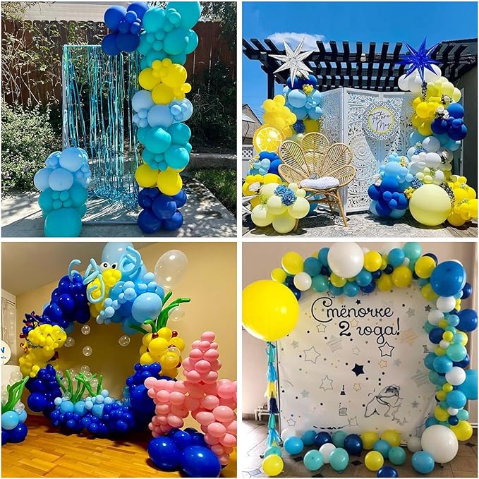 HILAVO Yellow Blue Clear Balloons 12 Inch 60 Pcs Blue Cartoon Balloon Teal Blue and Yellow Party Latex Balloons Transparent for Kids Birthday Ocean Baby Shower Party Decorations