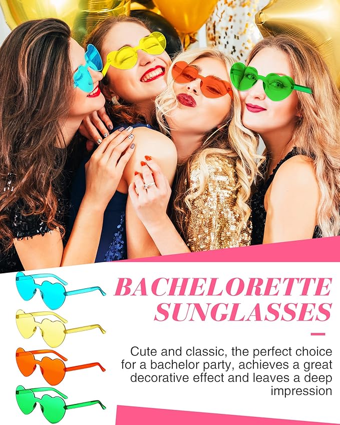 Cindeer 60 Pairs Heart Sunglasses Frameless Heart Shaped Sunglasses Bulk Transparent Candy Color Trendy Fun Rimless Glasses for Women Party Favor, 30 Colors