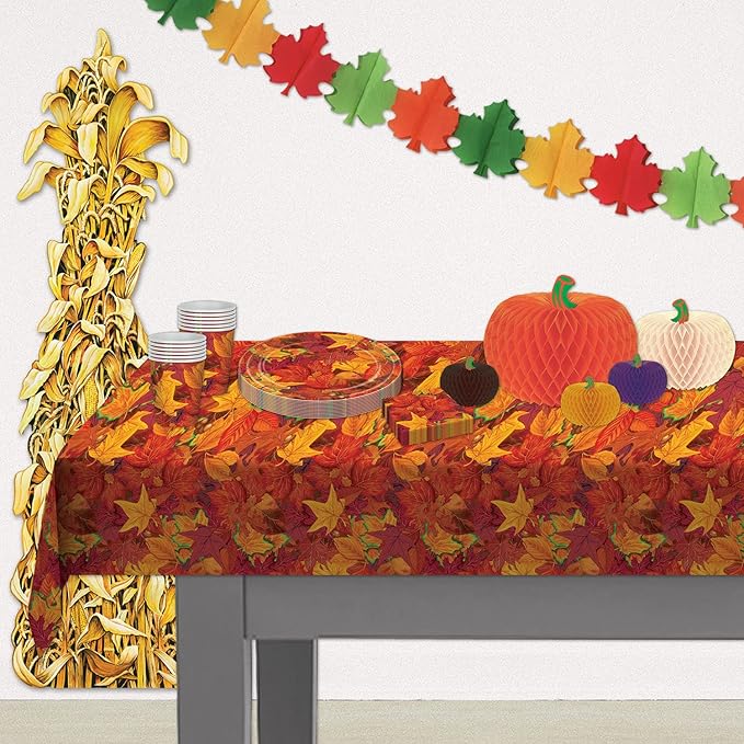 Beistle Fall Leaf Tablecovers, 54” x 108”, 3 Pieces – Plastic Table Cloth, Rectangular Tablecloth