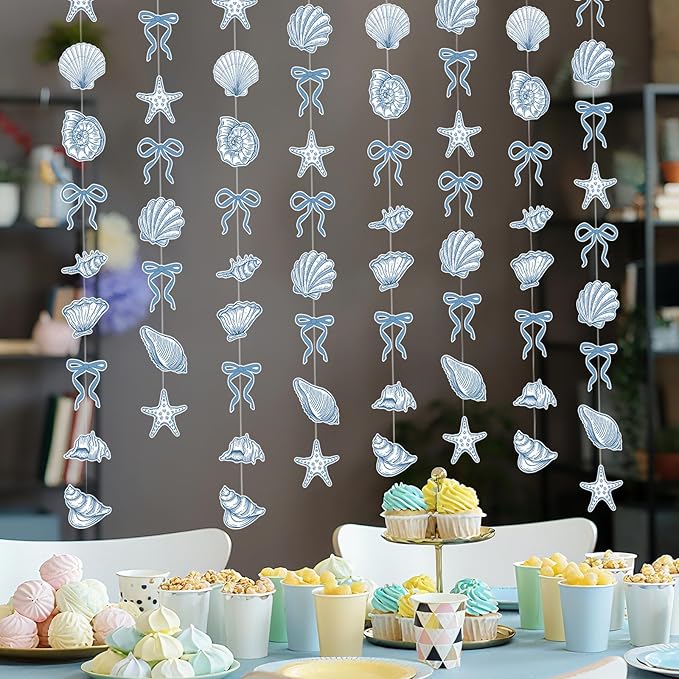 TaoBary 8 Pack Blue Bow Starfish and Seashell Garland 6.56 ft Ocean Coastal Nautical Paper Hanging Decorations Pre Strung Banner for Under the Sea Beach Wedding Mermaid Birthday Party Decorations