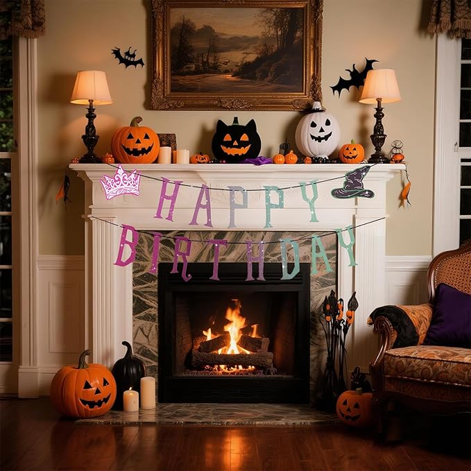 Witch Theme Happy Birthday Banner, Pre-Strung Glitter Wicked Birthday Party Banner, Gradient Pink And Green Party Decorations Witch For Wicked Party Decor Photo Backdrop Props Supplies