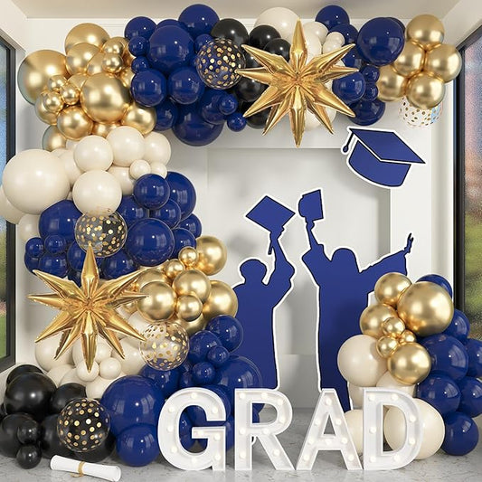 Amandir Navy Blue Gold Balloons Garland Arch Kit for Graduation Party Decorations, 145Pcs Gold Black Confetti Balloons with Foil Star for 2026 Graduation College Congrats Grad Class Birthday Supplies