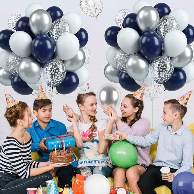 Biapian Navy Blue Silver Balloons, 60PCS Blue Silver White Balloons, 12 Inch Metallic Silver Confetti Balloons Dark Blue and Silver Latex Balloons for Birthday Graduation Bridal Baby Shower Party