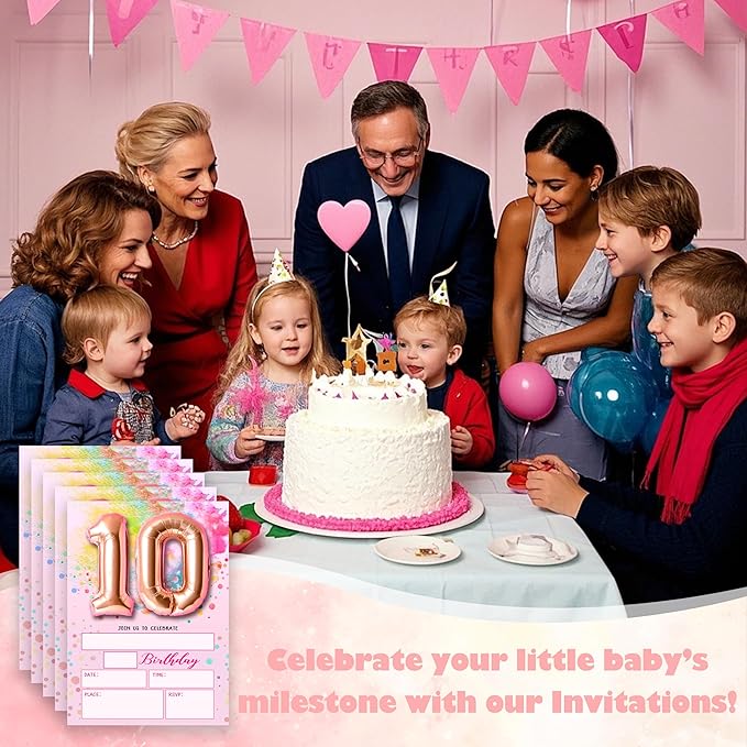 Rose Pink Balloon Birthday Invitations, 10th Surprise Birthday Party Invitations Cards with Envelopes, Confetti Polka Dot Fill-in Invites, 10th Pink Birthday Decorations for Girls -06