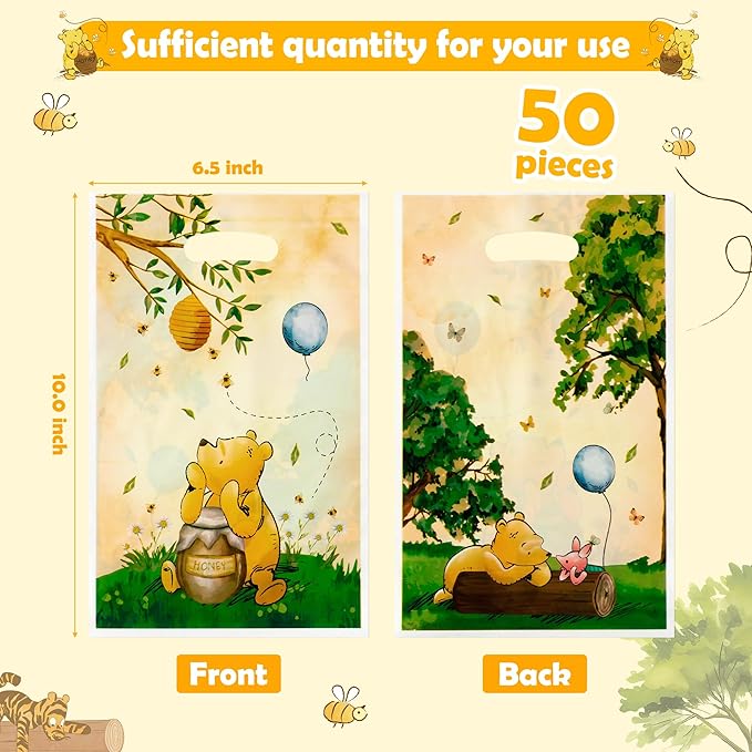 Cute Winnie Party Favor Bags - 50PCS Vintage Winnie Plastic Gift Bags with Handle Cute Winnie Baby Shower Party Favors Gift Bag Winnie Themed Birthday Parties Candy Decoration Bags