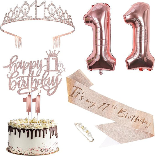 11th Birthday Decorations for Girls, Including Sash, Crown Tiara, Candles, Cake Toppers, 11rd Birthday Gifts for Girls
