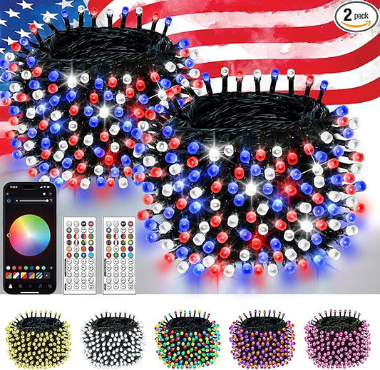 2Pack 400LED Smart 4th of July String Lights | 164FT App Controlled Red White and Blue Lights, Waterproof Patriotic RGB Color Changing String Lights with Remote & Timer Indoor Outdoor for Memory Day