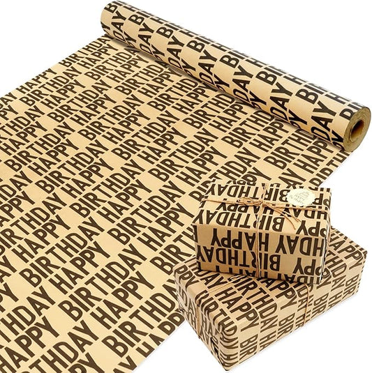 MAMUNU Birthday Wrapping Paper Roll, Black Kraft Happy Birthday Wrapping Paper Jumbo Roll, Brown and Black Kraft Gift Wrap Set for Boys Men Women Girls, 17x590 inch (70 sq. ft.)