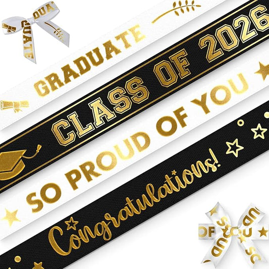 4 Pack Graduation Ribbon Class of 2026, Gold Foil Satin Ribbon for Graduation Decorations, 20 Yards Total with 3/8" & 7/8" Width, for Hair Bow Accessory and Gift Wrapping