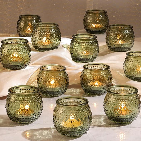 32 Pcs Green Votive Candle Holders, Round Glass Tea Lights Holder with Polka Dot Embossed, Vintage Candle Holder for Weddings, Home Decor, Baby Shower, Special Occasions