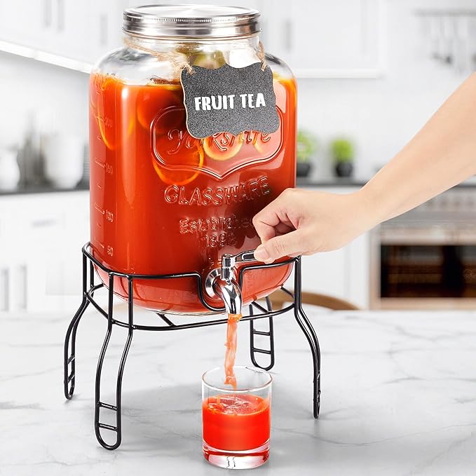 2 Gallon Large Glass Drink Dispenser Set, Beverage Dispensers with Stand & 18/8 Stainless Steel Spigot, Leakproof for Lemonade, Sun Tea & Iced Tea