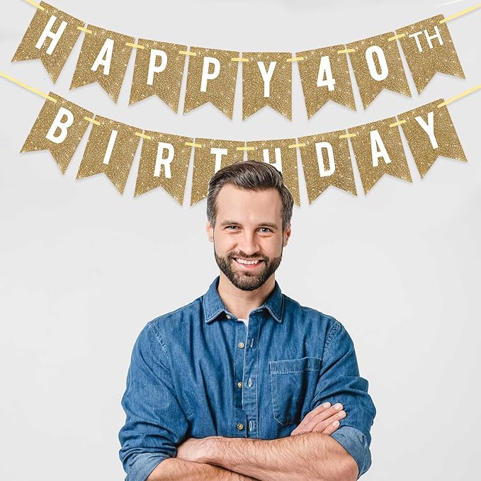 Netnology Pre-Strung Gold Happy 40th Birthday Banner Decorations,12 ft No DIY Gold Glitter 40th Birthday Party Banner Sign Decor for Women Men Girl Boy Party Supplies