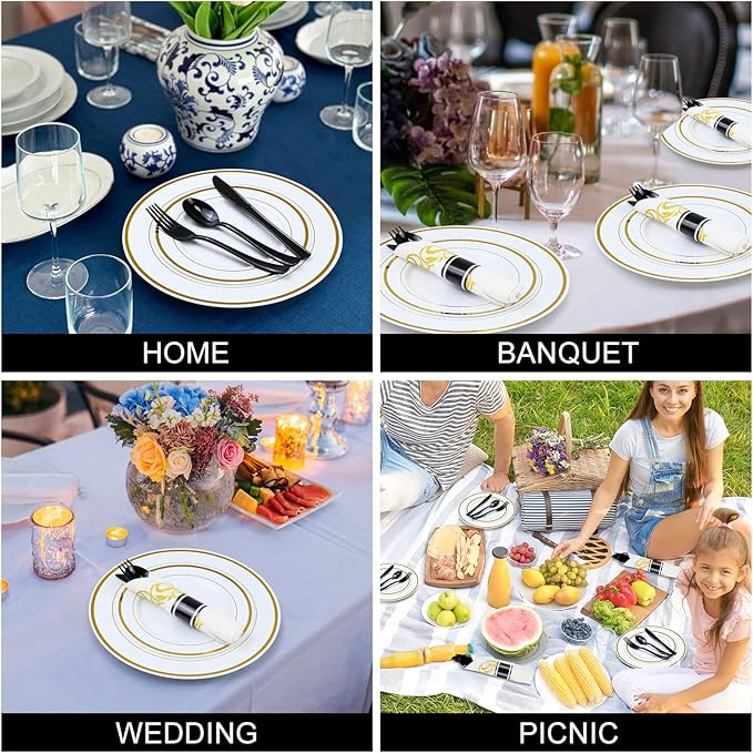 100 Pack Black Plastic Silverware, Pre Wrapped Cutlery Set with Gold Sun Pattern Napkin, Rolled Disposable Utensils Heavy Duty for Wedding, Party, Event Supplies