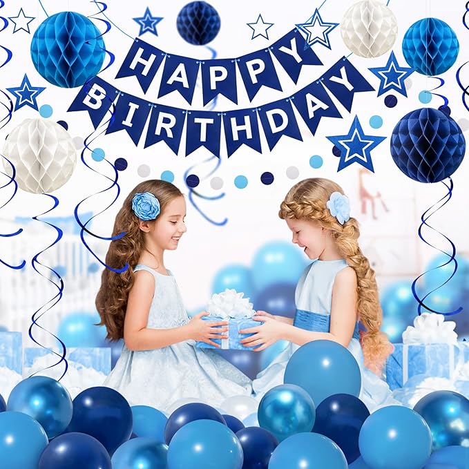 ZERODECO Birthday Decorations, Easy to Assemble Blue Happy Birthday Banner with Honeycomb Ball, Balloon, Hanging Swirl Streamer, Garland, Happy Birthday Party Decorations for Women Men Boys Girls