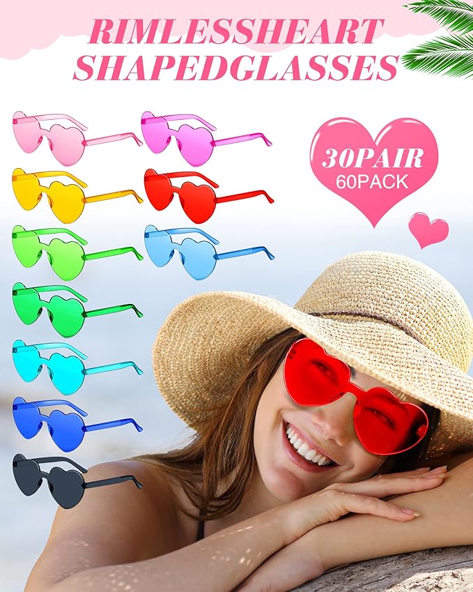 Cindeer 60 Pairs Heart Sunglasses Frameless Heart Shaped Sunglasses Bulk Transparent Candy Color Trendy Fun Rimless Glasses for Women Party Favor, 30 Colors