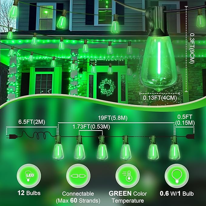 LAMPHOME 4-Pack 26Ft ST38 Green St Patrick's Day Patio Lights，Outdoor String Light with 12+1 Shatterproof LED Edison Bulbs, Waterproof String Lights for Bistro Christmas Party Decor