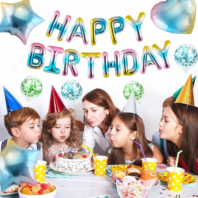 CANREVEL Happy Birthday Balloons Banner 16 Inch Mylar Foil Letters with Star & Heart Balloons Birthday Party Decorations for Men and Women - 29 Pcs Gradient