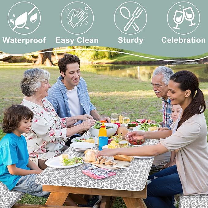 misaya Picnic Table Cover with Bench Cover, Waterproof Elastic Fitted Tablecloth for 5 Foot Tables, Rectangle Washable Polyester Tablecloths for Picnic, Camping, Outdoor (Grey, 30" x 60")
