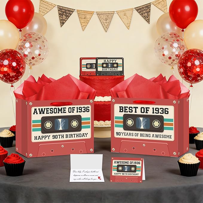 90th Birthday Gift Bag for Men Women Retro Tape 1936 Birthday Party Favor Bags with Wrapping Paper and Greeting Card Vintage Cassette 90 Years Old Gift Bag Decorations for Mom, Dad, Friends Gifts