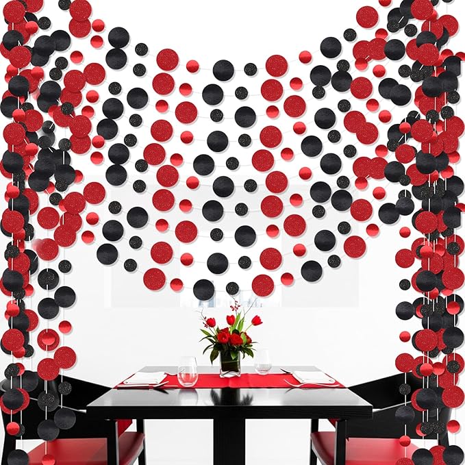 Outus 10 Pieces Black,Red Round Dots Garland Graduation Party Hanging Decor Each Length 13.1ft Glitter Paper Dot Streamers for Birthday Wedding Classroom Supplies