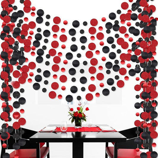 Outus 10 Pieces Black,Red Round Dots Garland Graduation Party Hanging Decor Each Length 13.1ft Glitter Paper Dot Streamers for Birthday Wedding Classroom Supplies