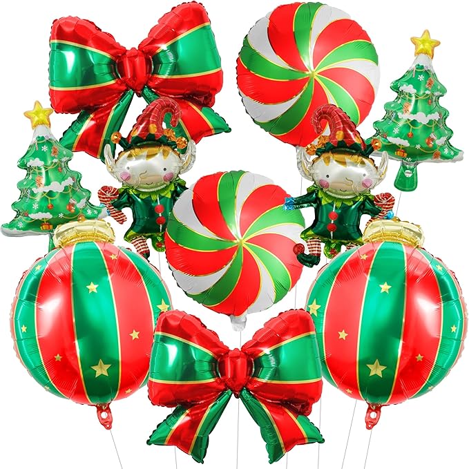 KatchOn, 25 Inch Large Christmas Balloons Decorations Set - Pack of 10 | Green and Red Christmas Decorations Indoor | Xmas Tree Bow Balloons and Elf Balloon for Winter Decoration | Holiday Decor