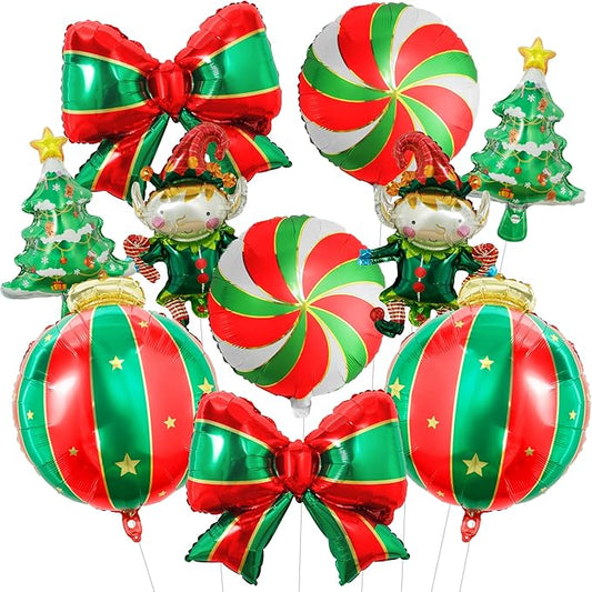KatchOn, 25 Inch Large Christmas Balloons Decorations Set - Pack of 10 | Green and Red Christmas Decorations Indoor | Xmas Tree Bow Balloons and Elf Balloon for Winter Decoration | Holiday Decor