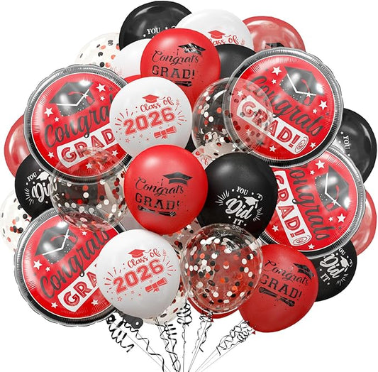 GuassLee Graduation Black and Red Balloons 2026 - Grad Latex Confetti Balloons with Congrats Grad Foil Balloons for Graduation Party Decorations Supplies, 60Pcs