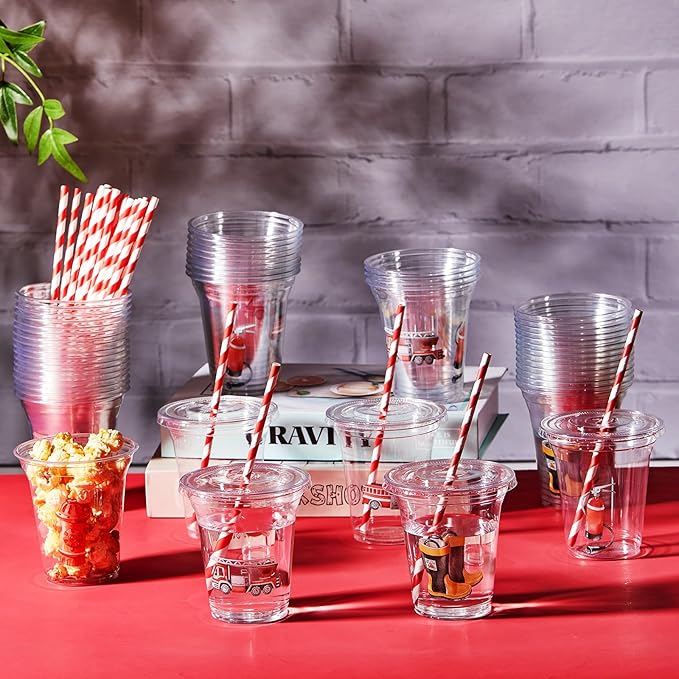 Qinyoung 60 Pcs Watercolor Fire Truck Party Cups with Lids and Paper Straws 14 oz Disposable Clear Plastic Cups for Firefighter Birthday Party Favor Supplies Decorations