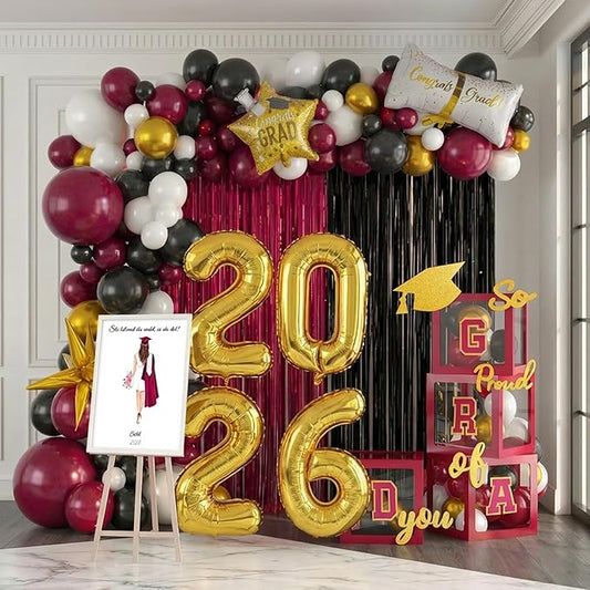 Graduation Decorations Class of 2026 - Maroon and Gold Graduation Decorations Set of 4 GRAD Balloon Boxes with Fringe Curtains So Proud of You Congrats Grad Party for Any Grades