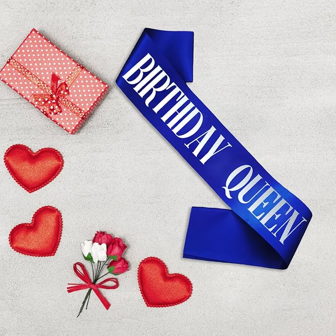 Birthday Queen Sash, Silver Foil Royal Blue Birthday Sash for Women 21st 30th 40th 50th 60th 70th Fun Birthday Party Favors Gifts Decorations
